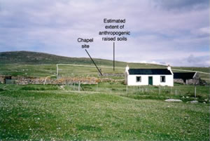 Figure 3: Teampull Mhoire, Pabbay, Sound of Harris. Anthropogenic raised soils extend at least 150 metres to the north and east of the chapel site, on south and south-east facing slopes. These soils do not extend in front of the croft - click for a larger image