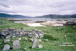 Figure 4: St. Keith's Chapel, Taransay. Midden deposits up to a metre in thickness are identified immediately adjacent the chapel site - click for a larger image