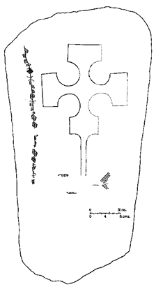 O3.1 Line drawing of ogham stone found at Broch of Burrian, N. Ronaldsay (Soc. Antiq. Scot.) - click for a larger image